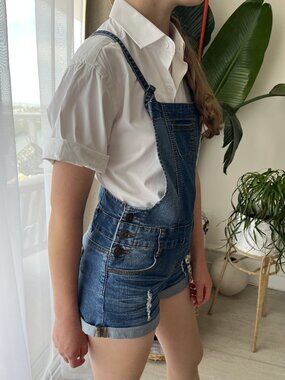 Girls Denim Overall Shorts | Distressed Bib Shortalls | Adjustable Straps